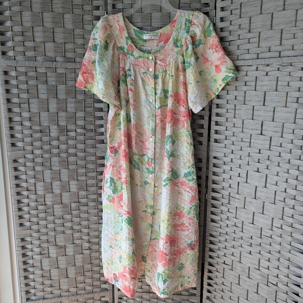 Vtg Miss Elaine Nightgown Pink Floral Seersucker Snap Front House Dress Sz L